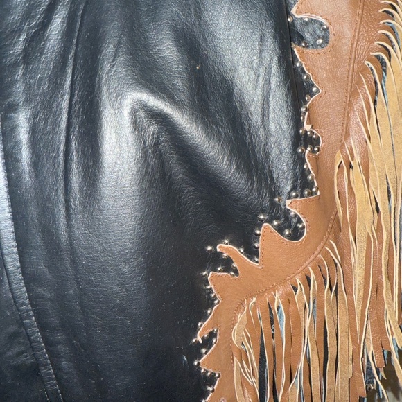 Vintage 90’s Western World Studded Black Leather Fringe Jacket Women's XXL Moto - Picture 2 of 7